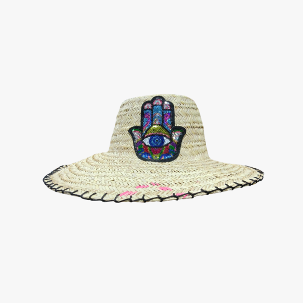Handwoven Straw Hat with Sequin Hamsa
